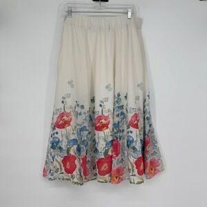 Soft Surroundings Floral Watercolor Midi Skirt Ivory Blue Red Elastic Waist Sz M